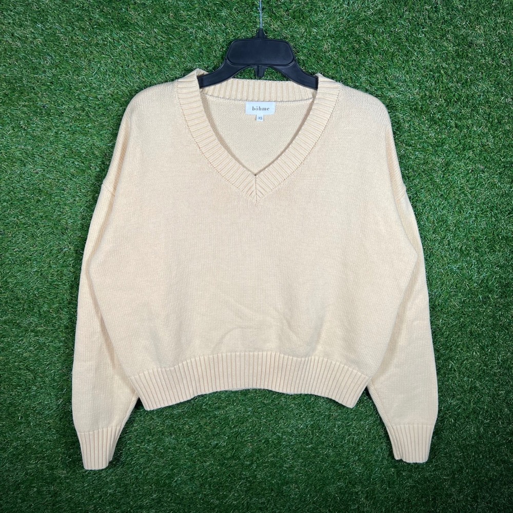 Bohme Womens XS V-Neck Knit Sweater Cream Beige Relaxed Fit Pullover